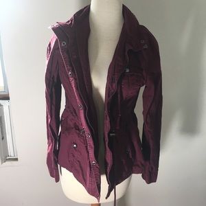 Red hooded cargo jacket